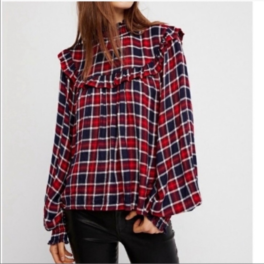Free People Red Charlie Ruffle Plaid Top Sz S